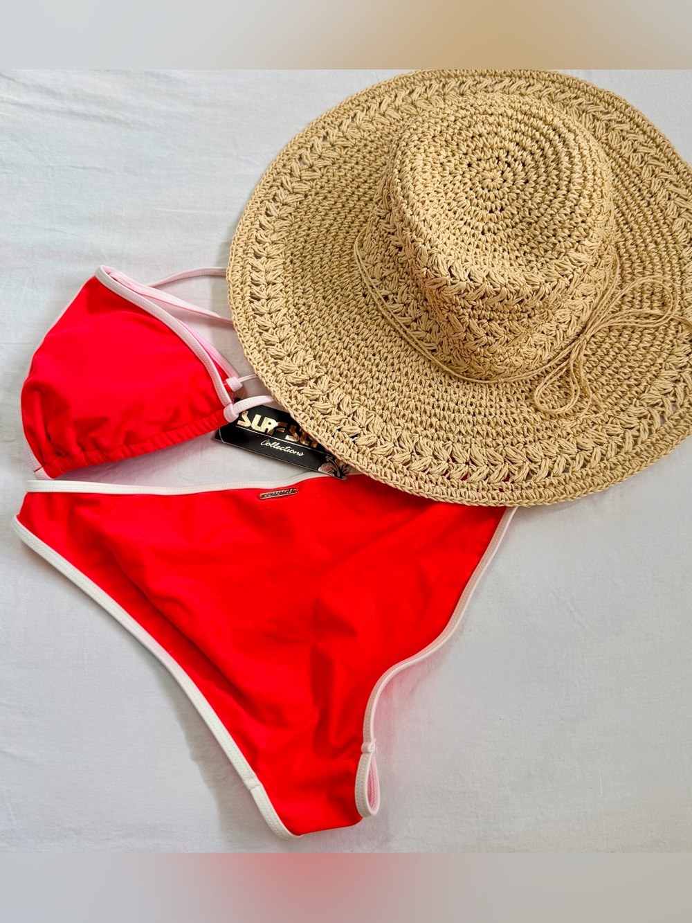 Vibrant Coral Red Bikini Set with White Trim